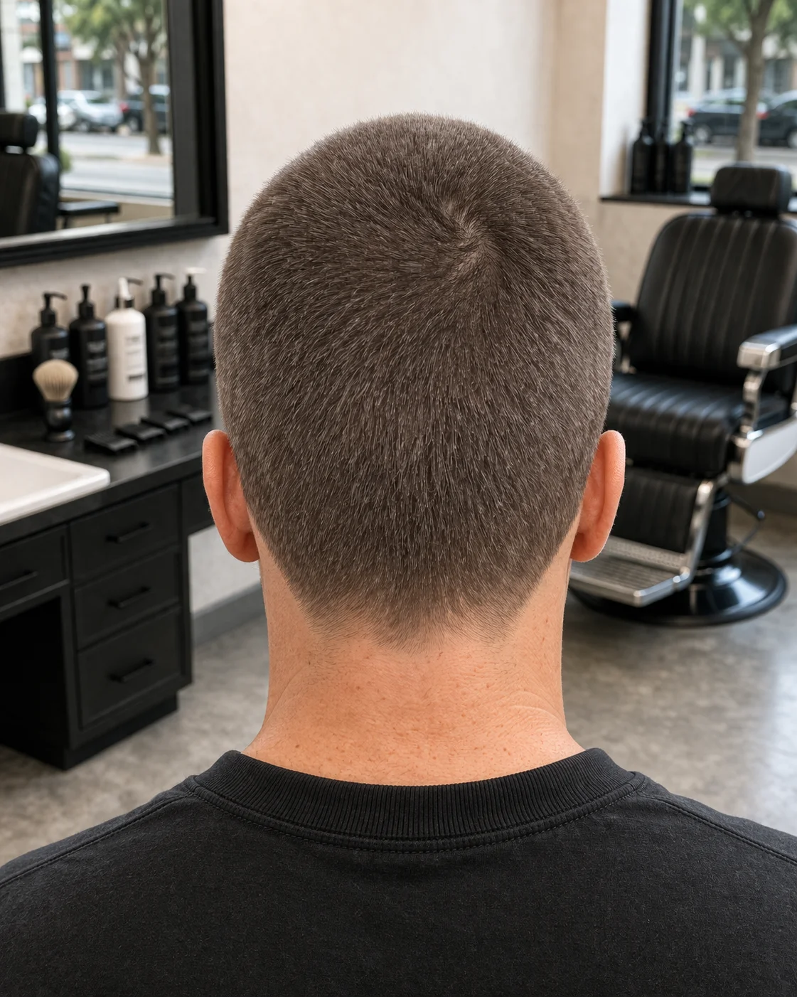 10 Guard Buzz Cut haircut back profile with crown structure and neckline detail.