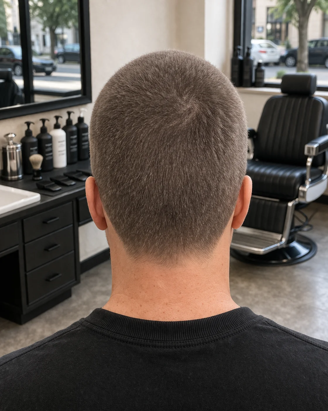 16 Guard Buzz Cut haircut back profile with crown structure and neckline detail.