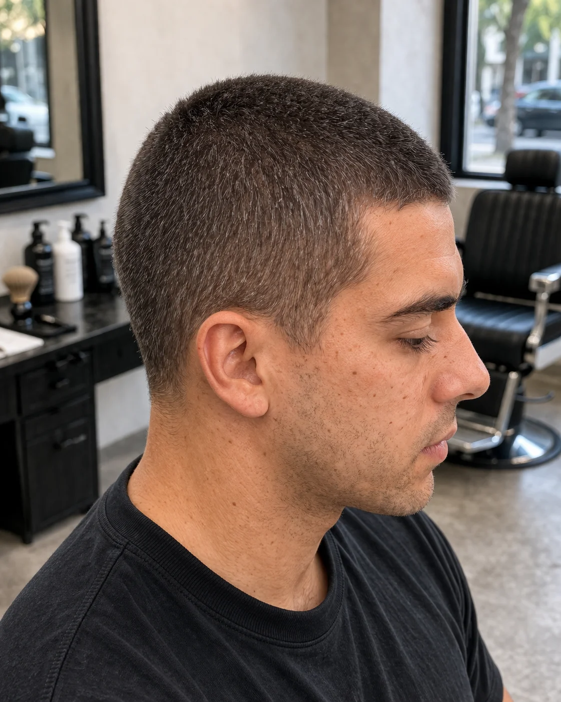 4 Guard Buzz Cut haircut side profile showing shape, taper, and layer flow.