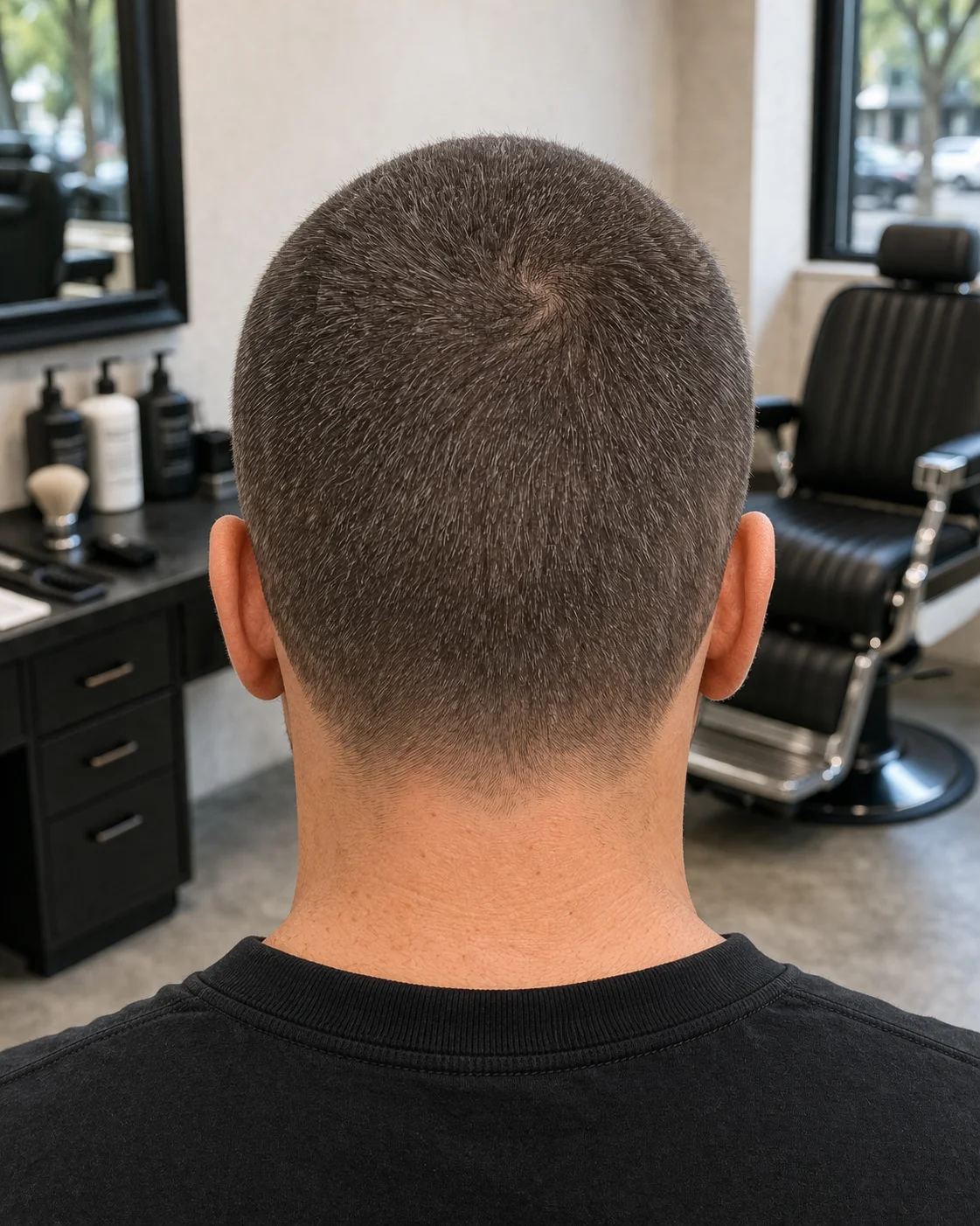 4 Guard Buzz Cut haircut back profile with crown structure and neckline detail.