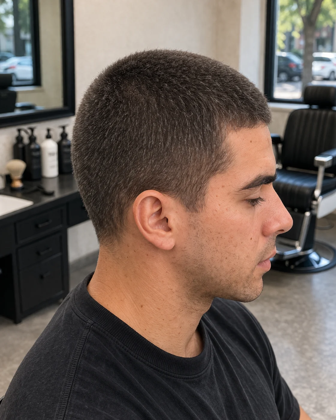 6 Guard Buzz Cut haircut side profile showing shape, taper, and layer flow.
