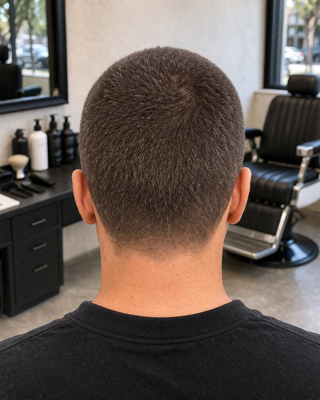 6 Guard Buzz Cut haircut back profile with crown structure and neckline detail.