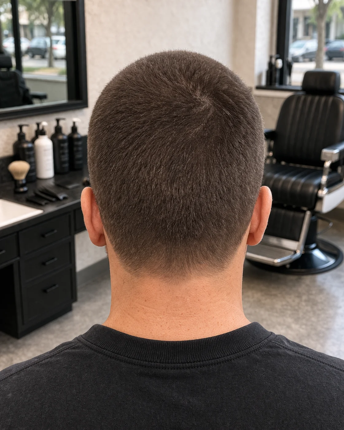 8 Guard Buzz Cut haircut back profile with crown structure and neckline detail.