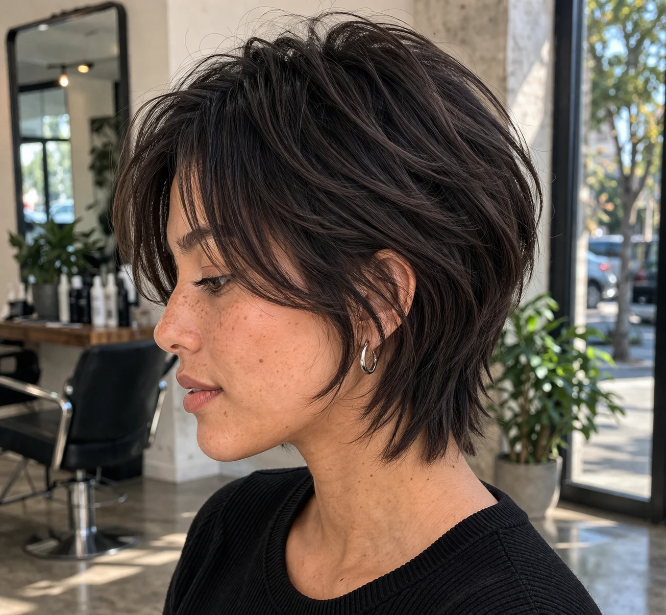 Bixie Cut haircut side profile showing shape, taper, and layer flow.