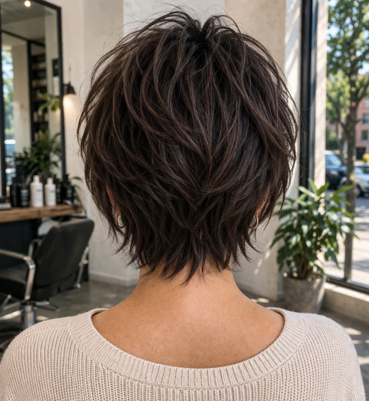 Bixie Cut haircut back profile with crown structure and neckline detail.