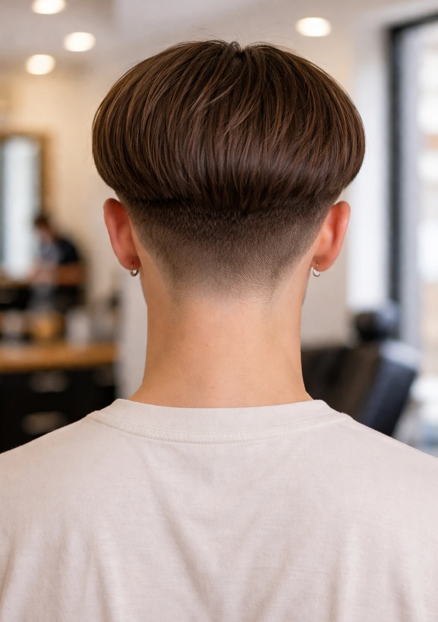 Bowl cut for men back profile with rounded silhouette and clean neckline.