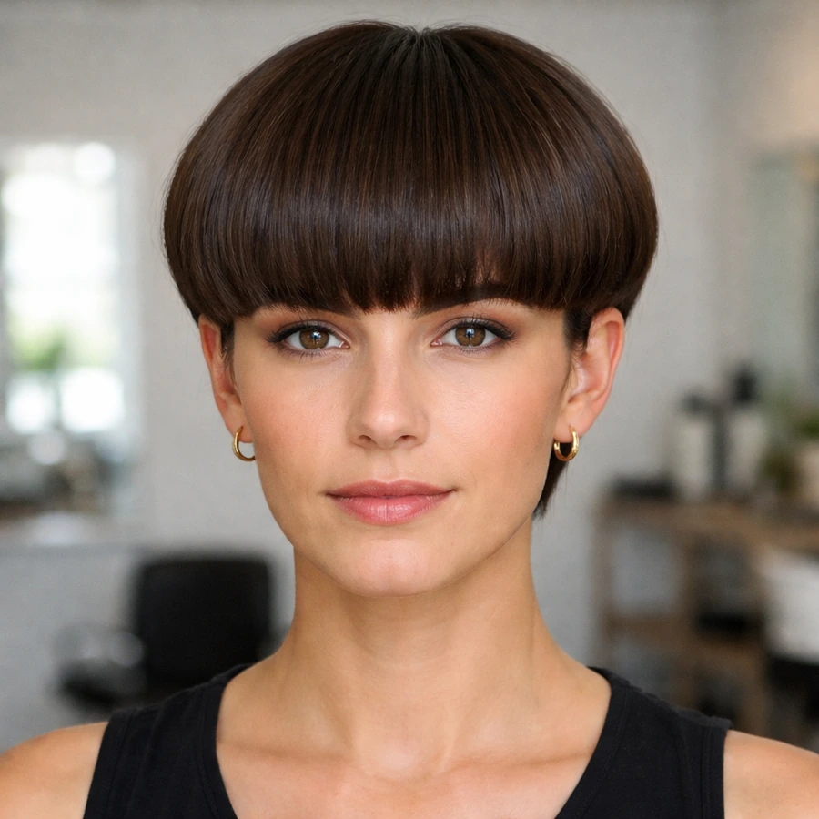 Bowl cut for women front profile with sculpted fringe and soft curve.