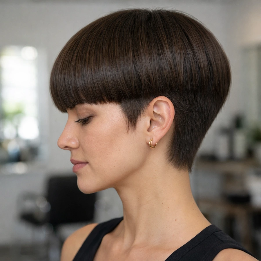 Bowl cut for women side profile showing rounded outline and tapered underlayer.