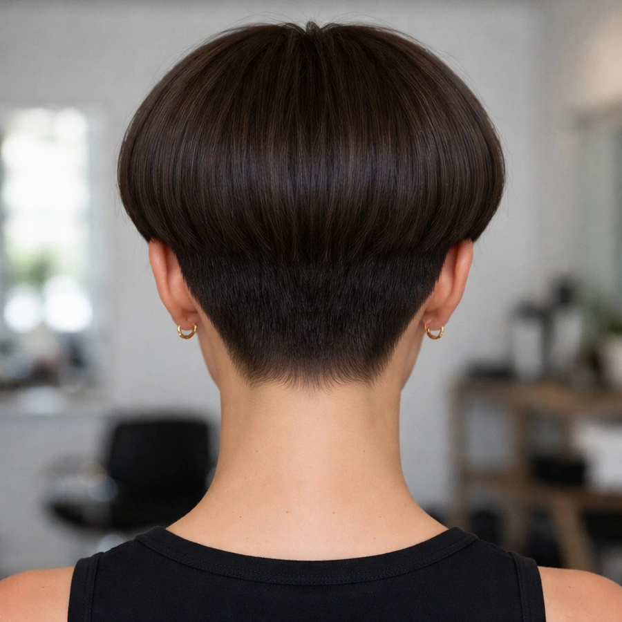 Bowl cut for women back profile with clean nape and controlled volume.