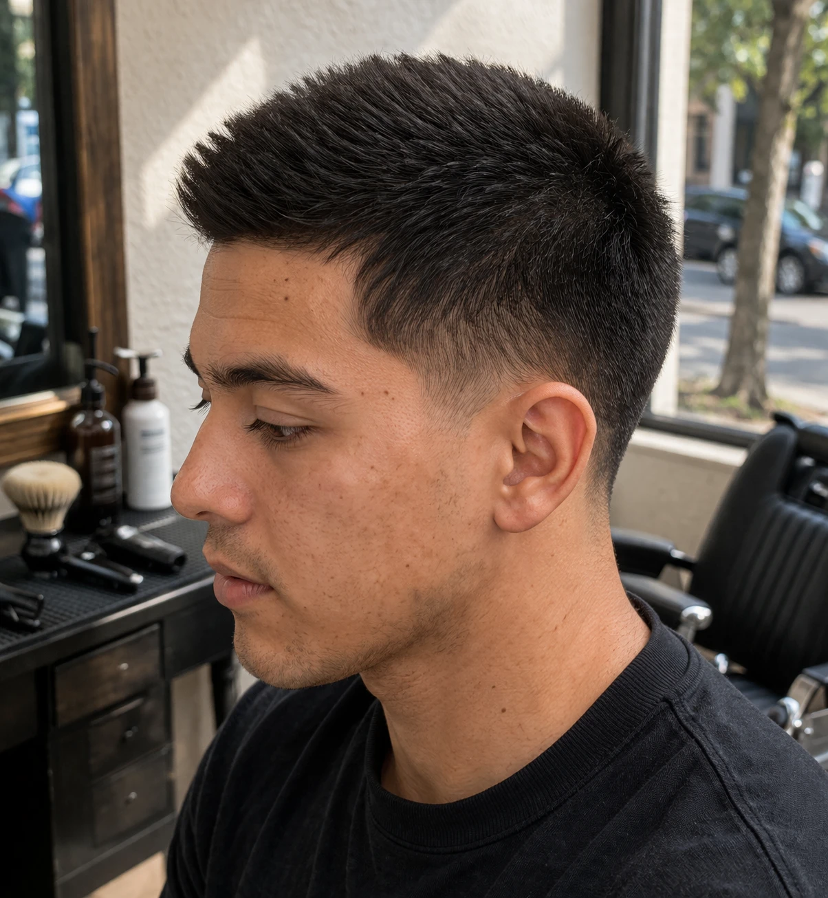 Brush Cut haircut side profile showing shape, taper, and layer flow.