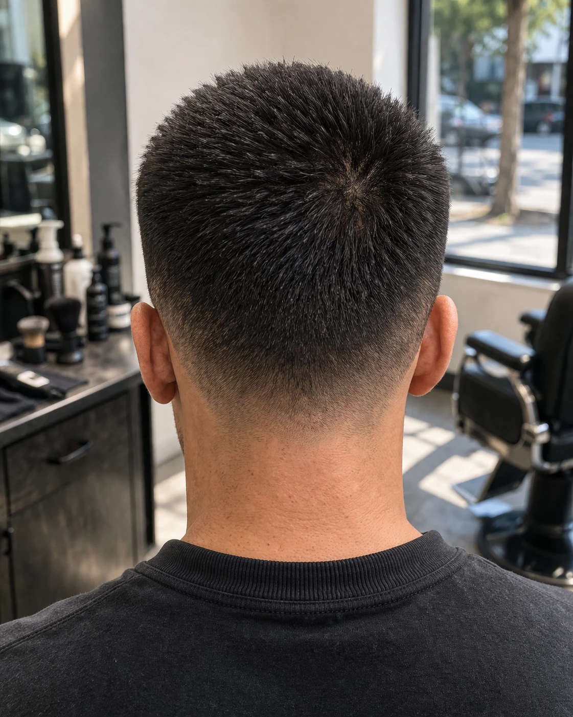 Brush Cut haircut back profile with crown structure and neckline detail.