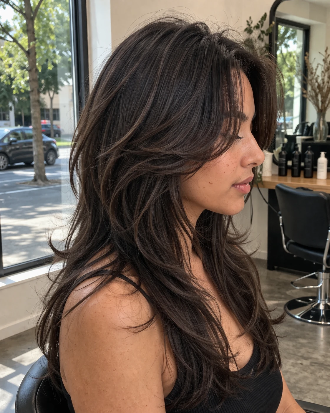 Butterfly Cut haircut side profile showing shape, taper, and layer flow.