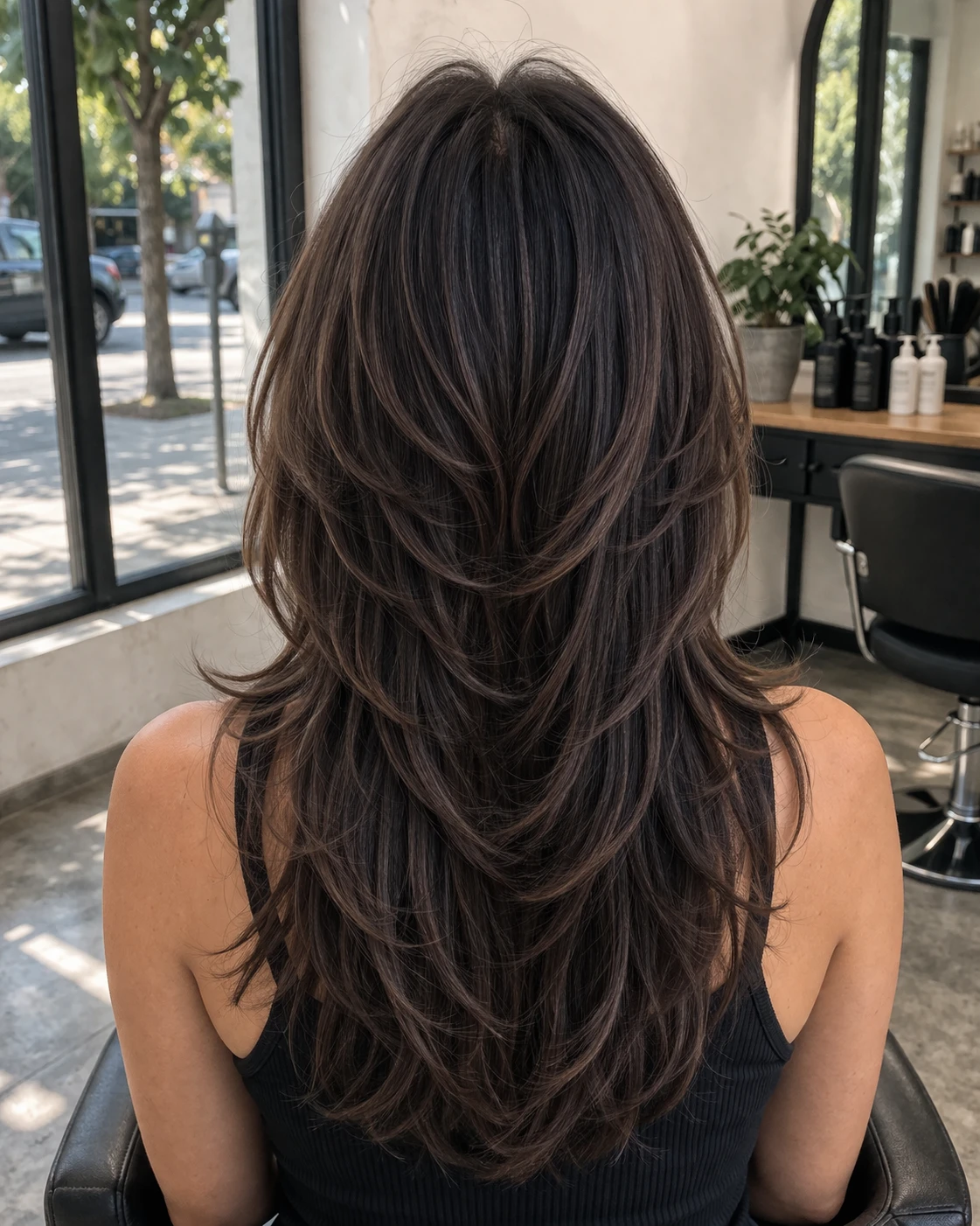 Butterfly Cut haircut back profile with crown structure and neckline detail.