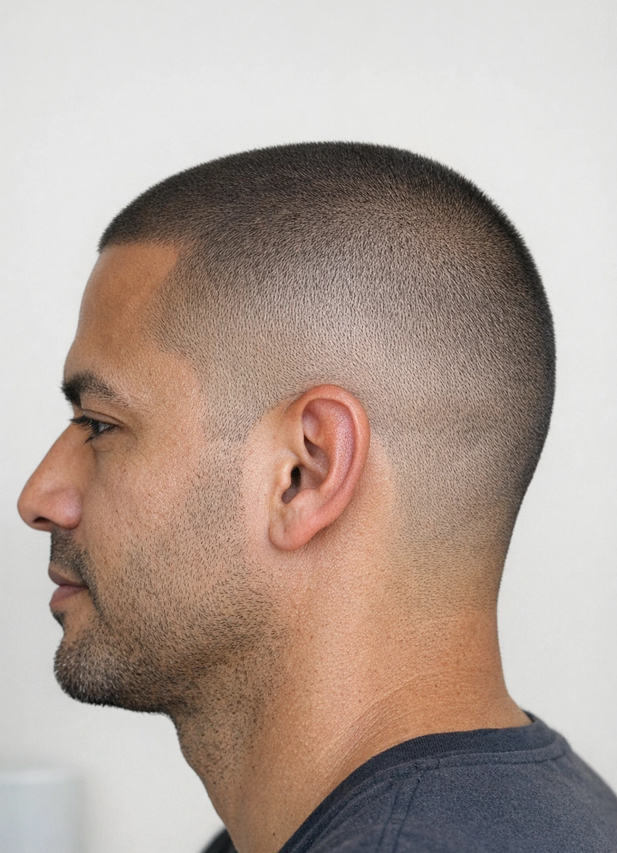 Buzz cut side profile with clean edge-up and taper.
