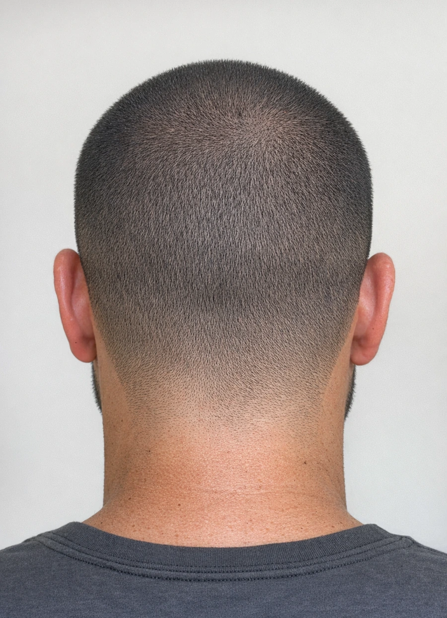 Buzz cut back profile showing neckline shape.