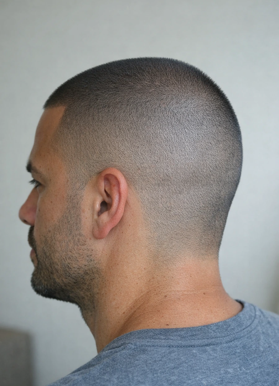 Buzz cut three-quarter profile for clipper blend visibility.