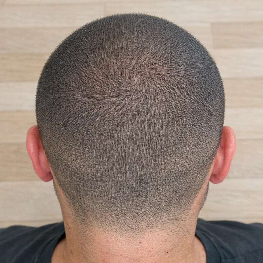 Buzz cut top view showing even clipper length across crown.
