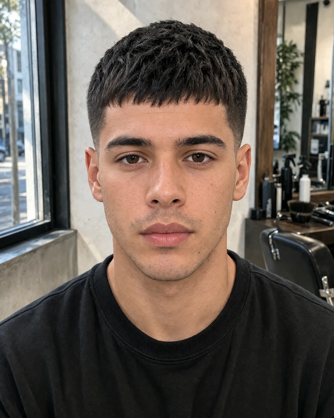 Caesar Cut haircut front profile with clear silhouette and texture detail.