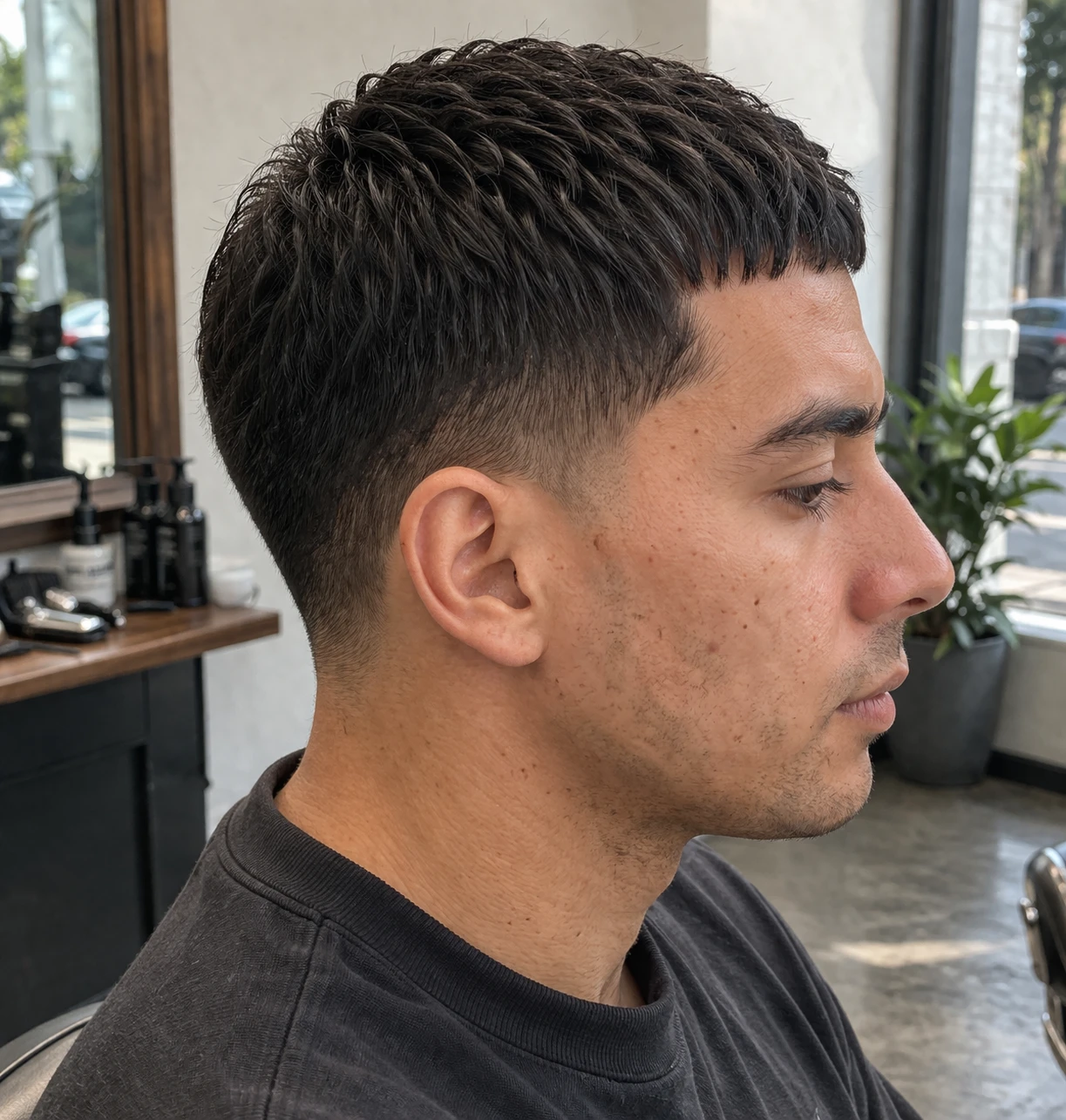 Caesar Cut haircut side profile showing shape, taper, and layer flow.