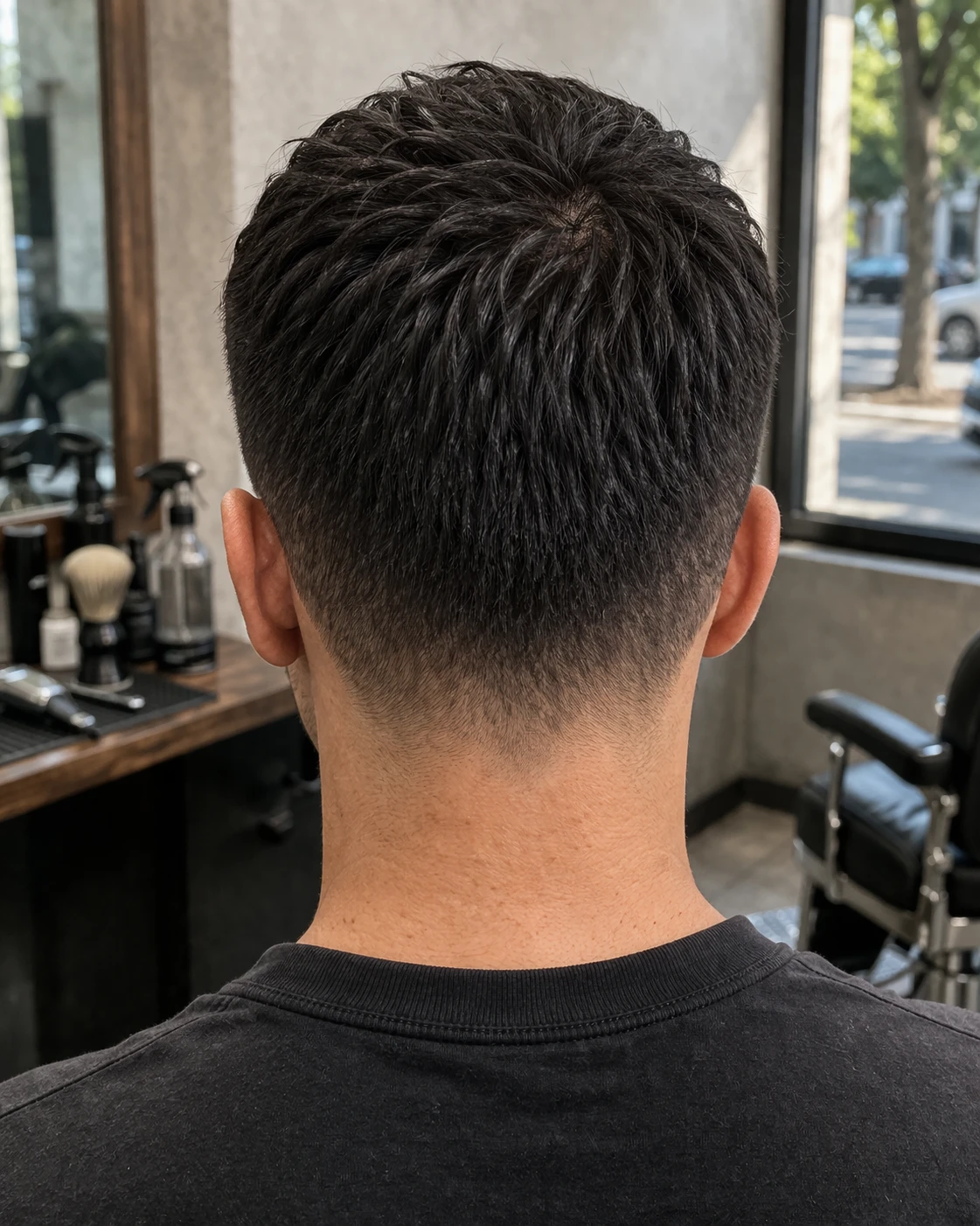 Caesar Cut haircut back profile with crown structure and neckline detail.