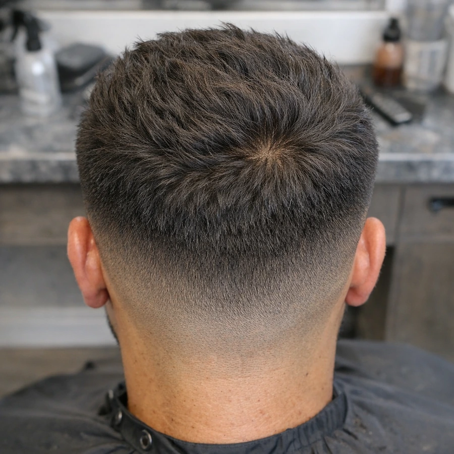 Classic fade top view showing crown and directional flow.