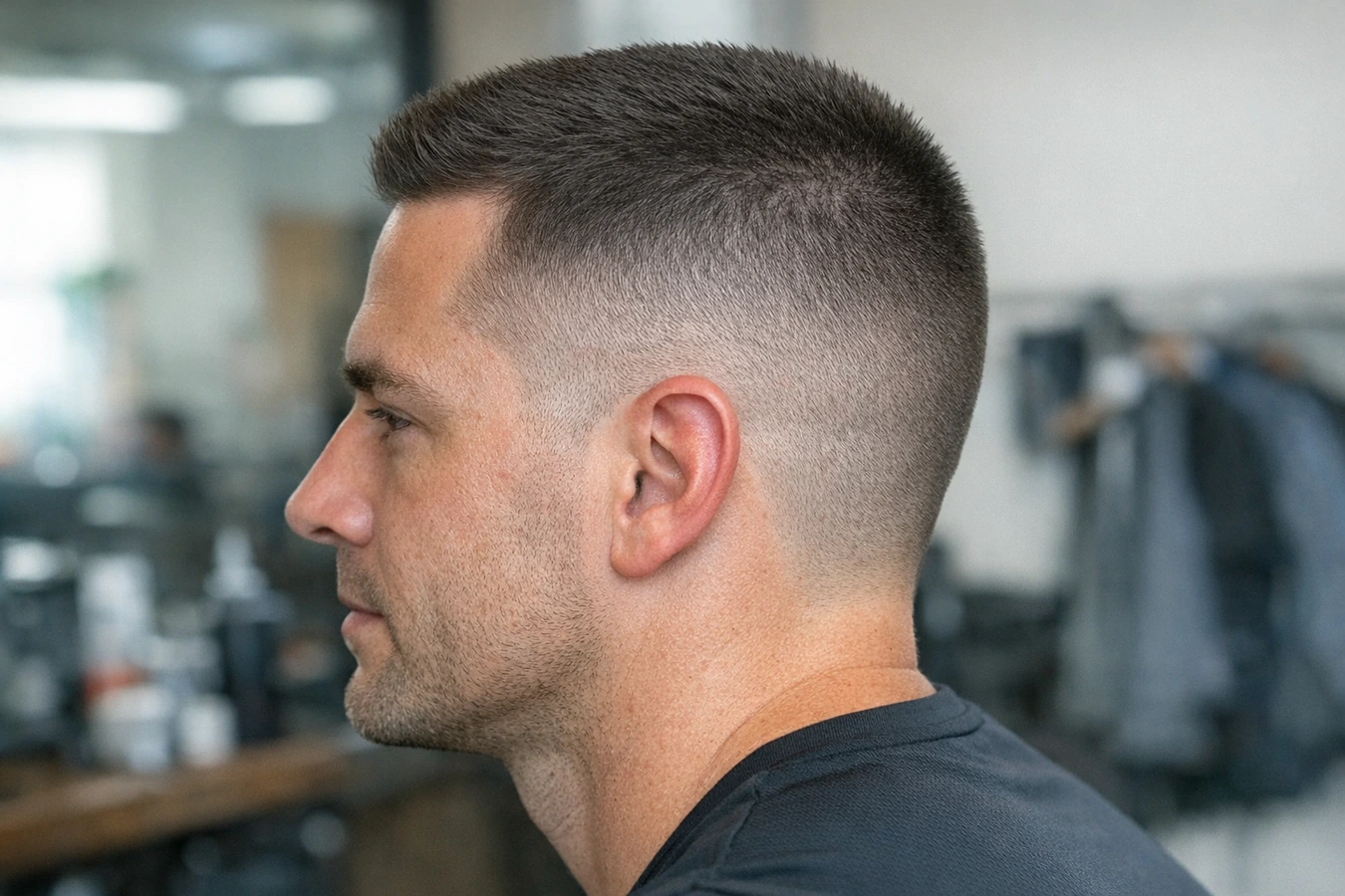 Crew cut side profile with tapered sides from slight elevation.