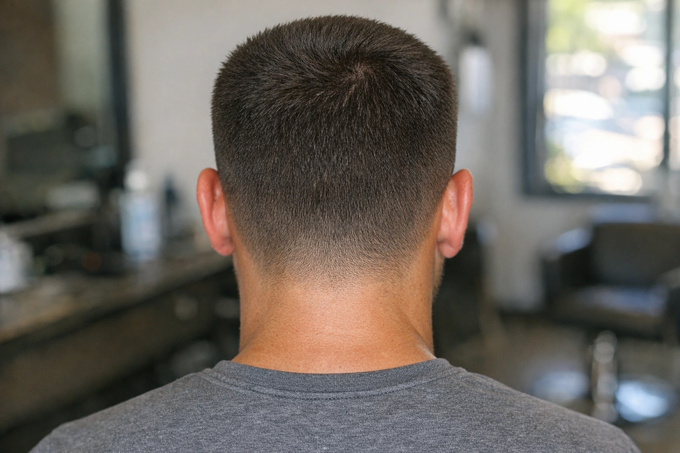 Crew cut back profile with even crown and neat neckline.
