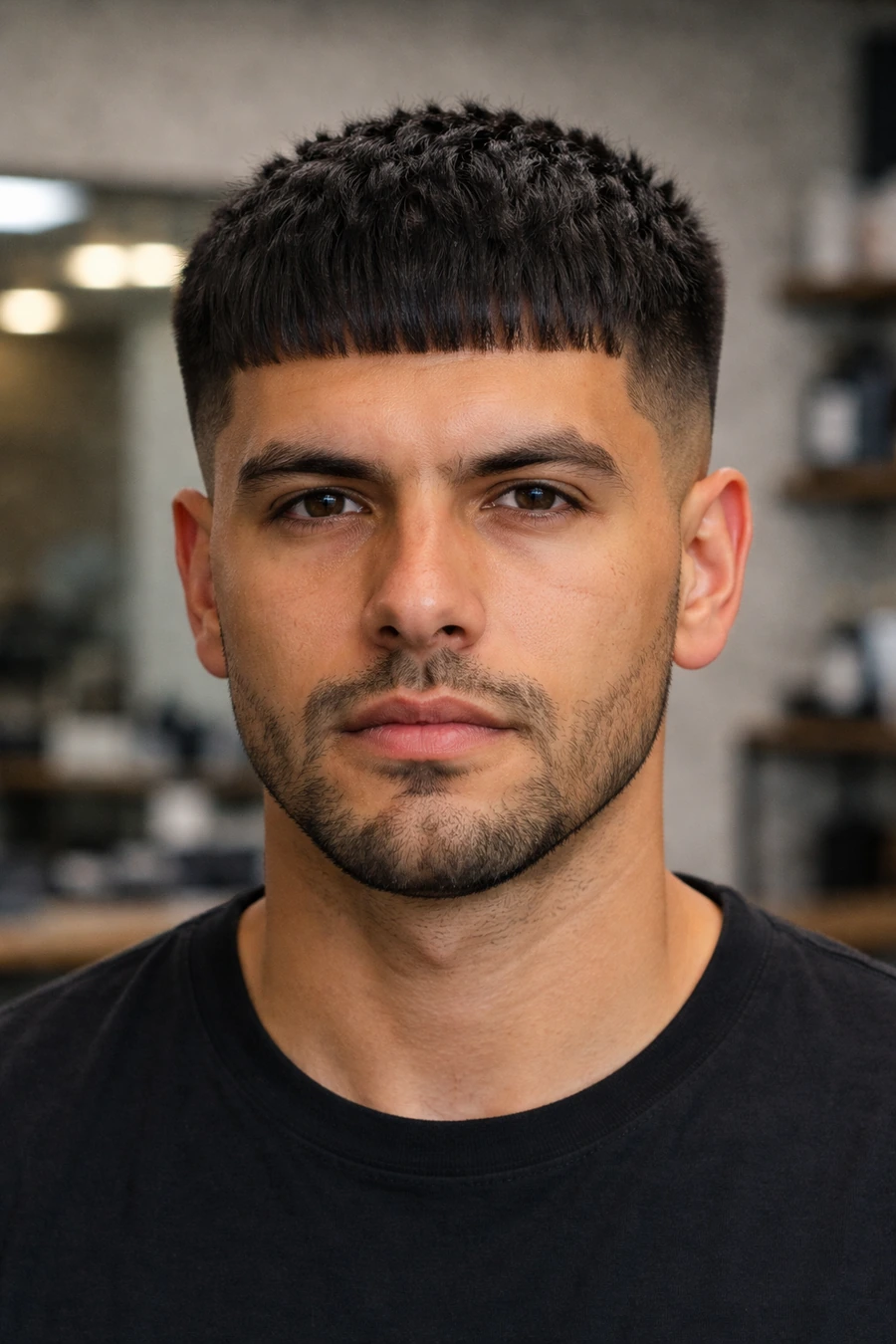 Edgar cut front profile with sharp blunt fringe and compact top texture.