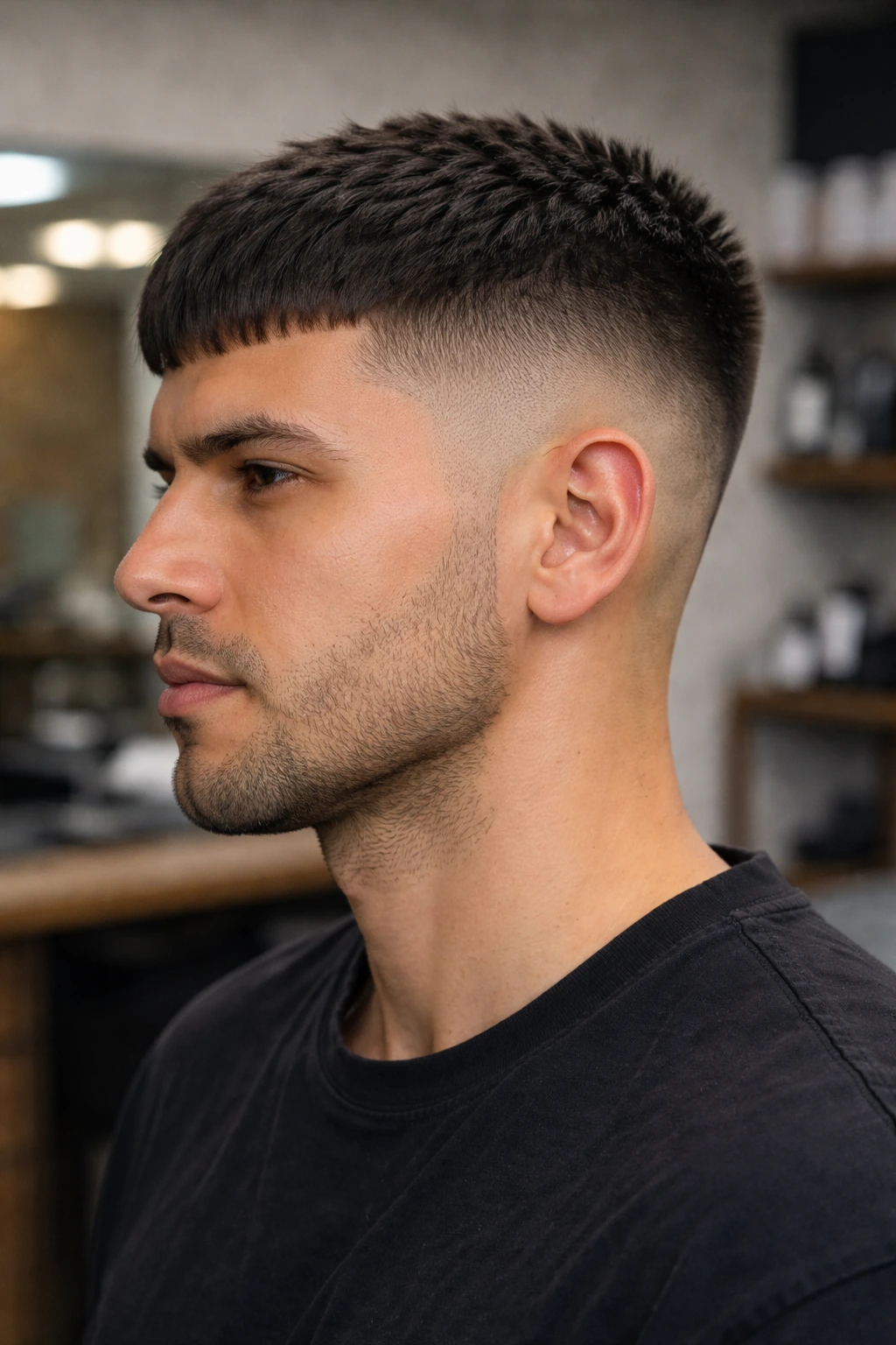 Edgar cut side profile showing high fade transition and structured top.