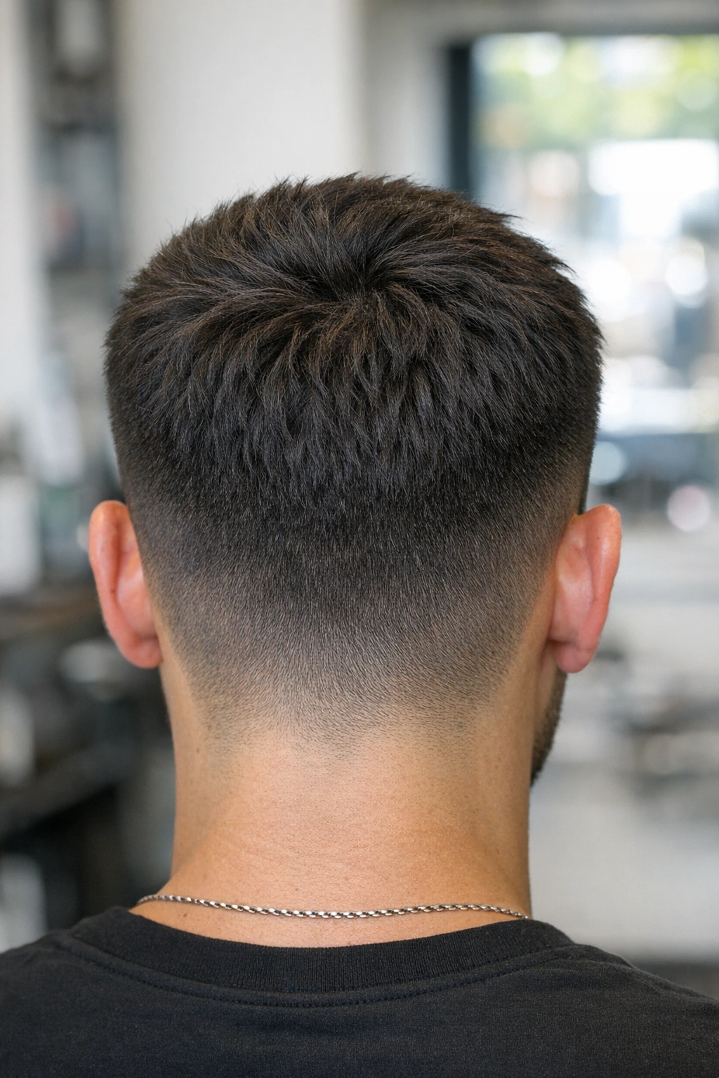 French crop back profile with clean lower outline and crown texture.