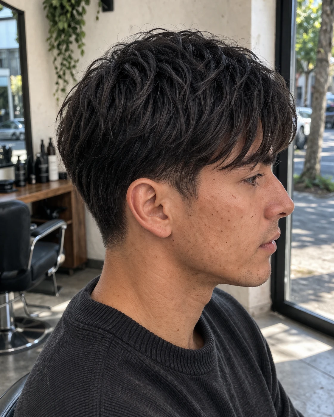 Fringe Cut haircut side profile showing shape, taper, and layer flow.