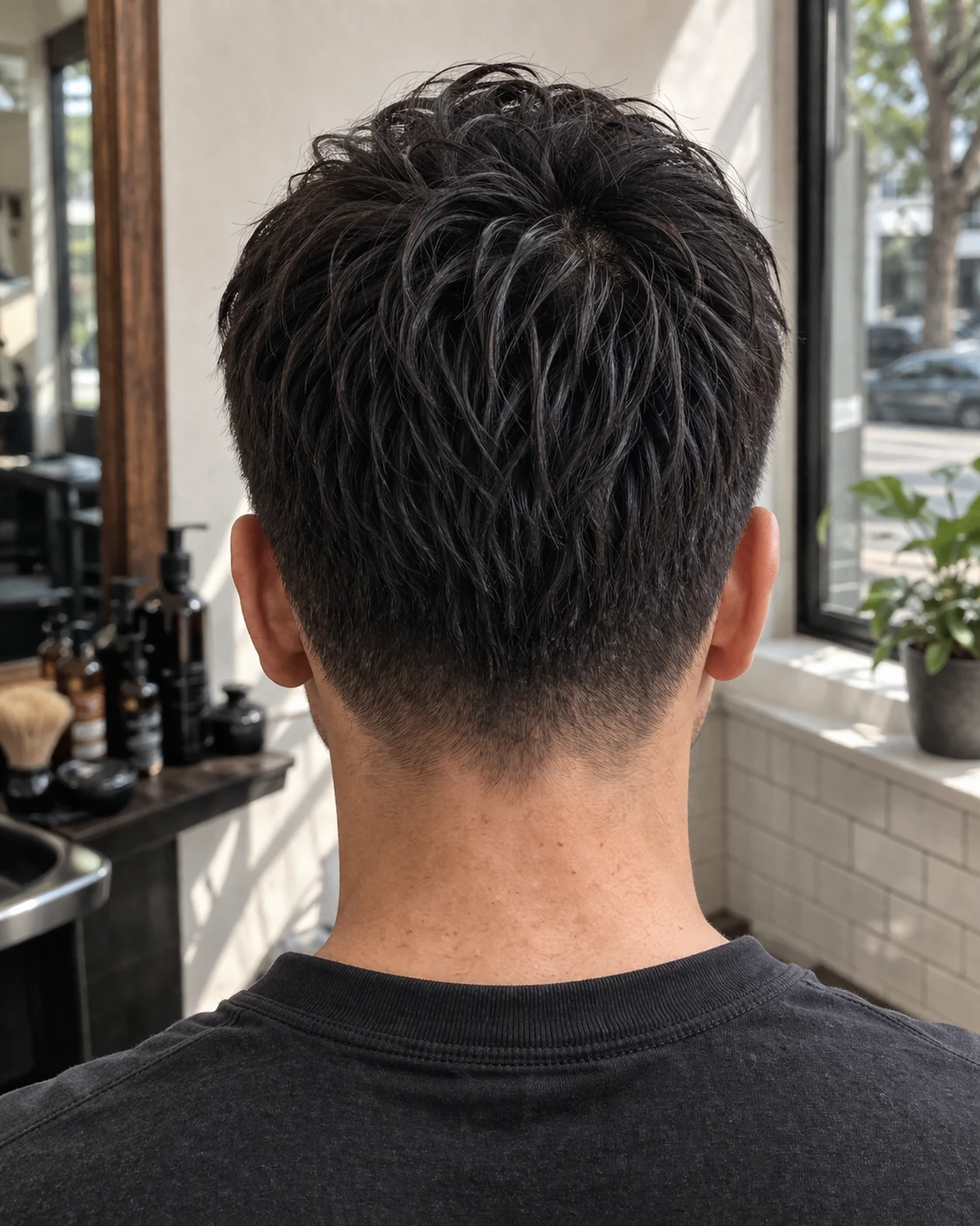 Fringe Cut haircut back profile with crown structure and neckline detail.