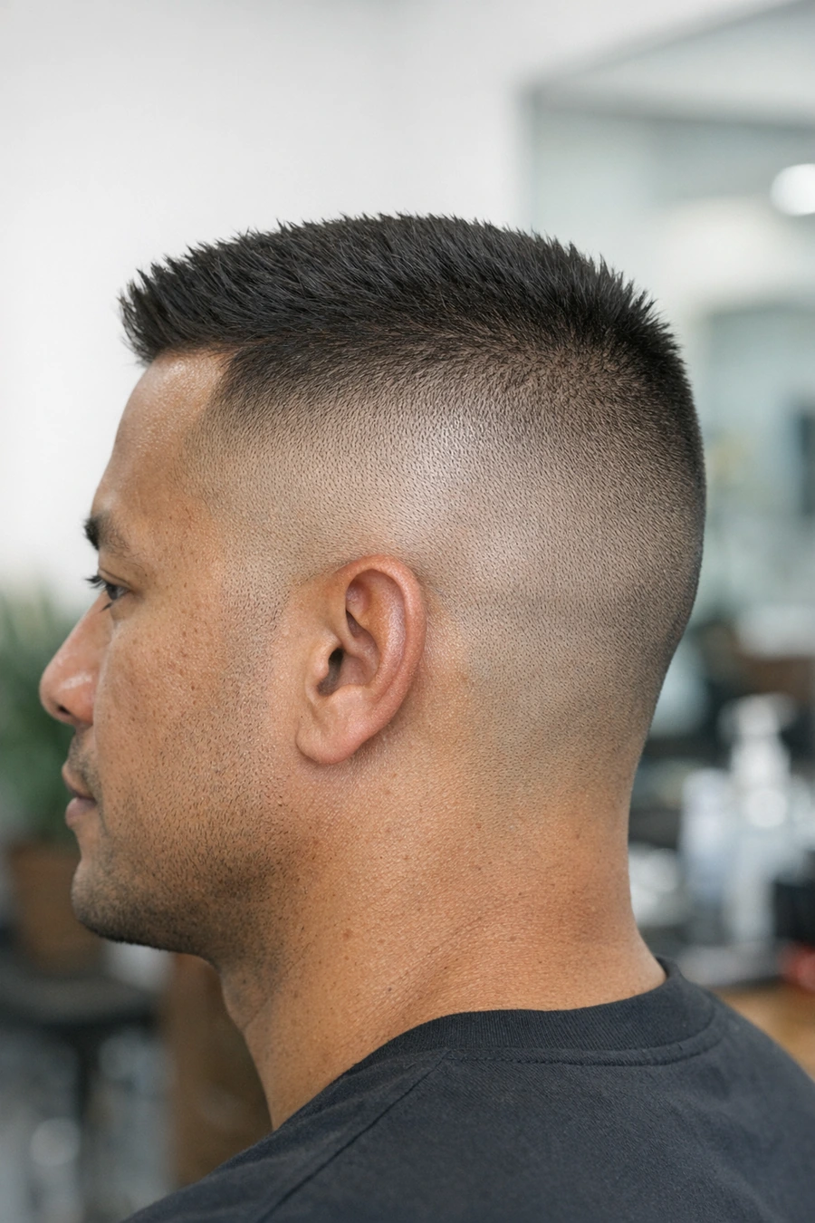High and tight side profile with elevated camera angle for fade height.