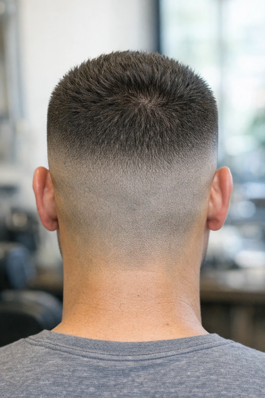 High and tight back profile with clean nape and crown transition.