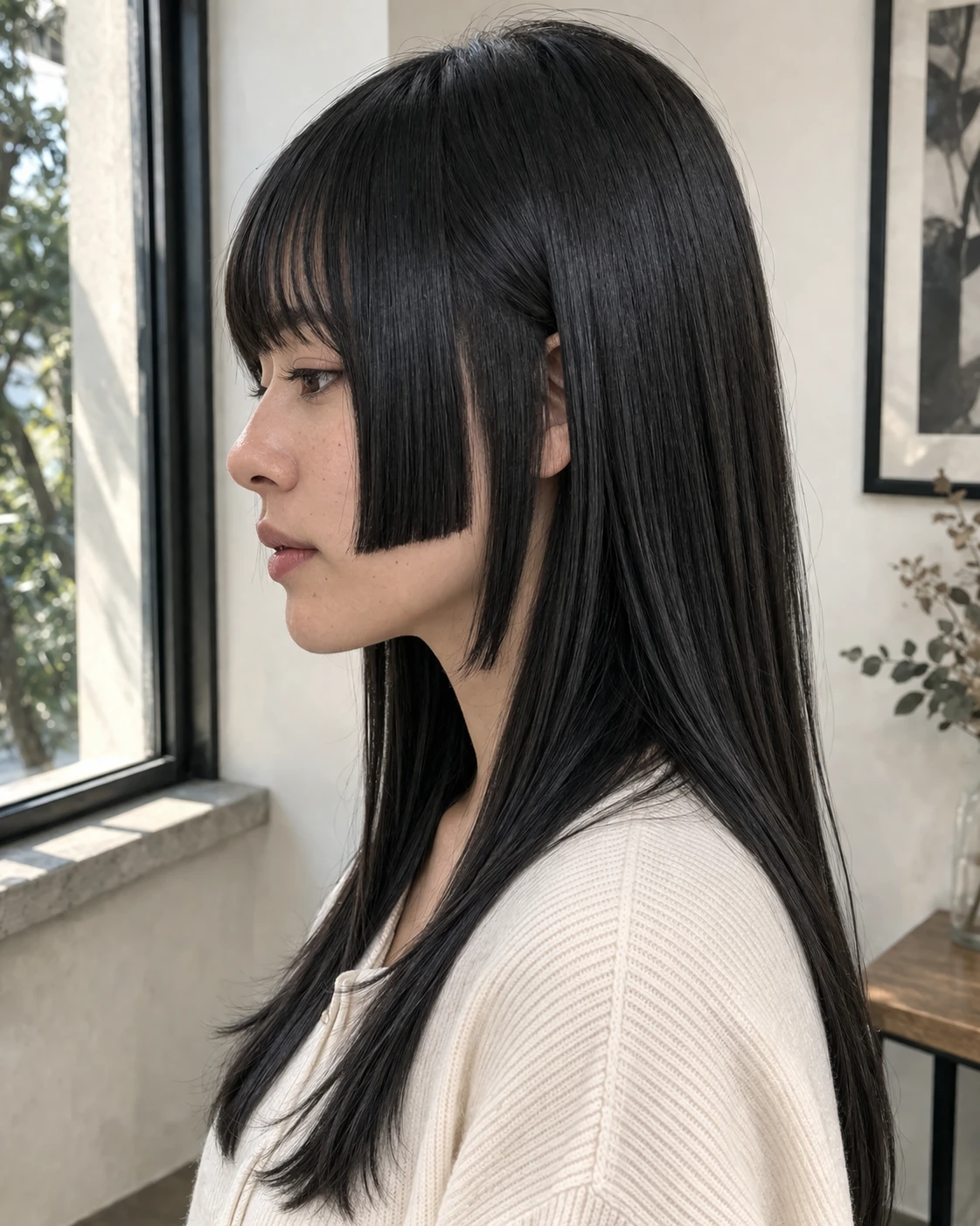Hime Cut haircut side profile showing shape, taper, and layer flow.