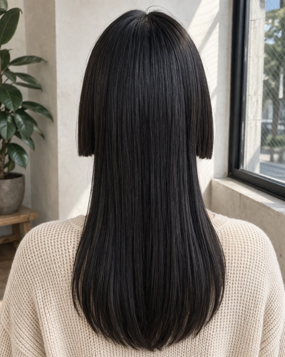 Hime Cut haircut back profile with crown structure and neckline detail.