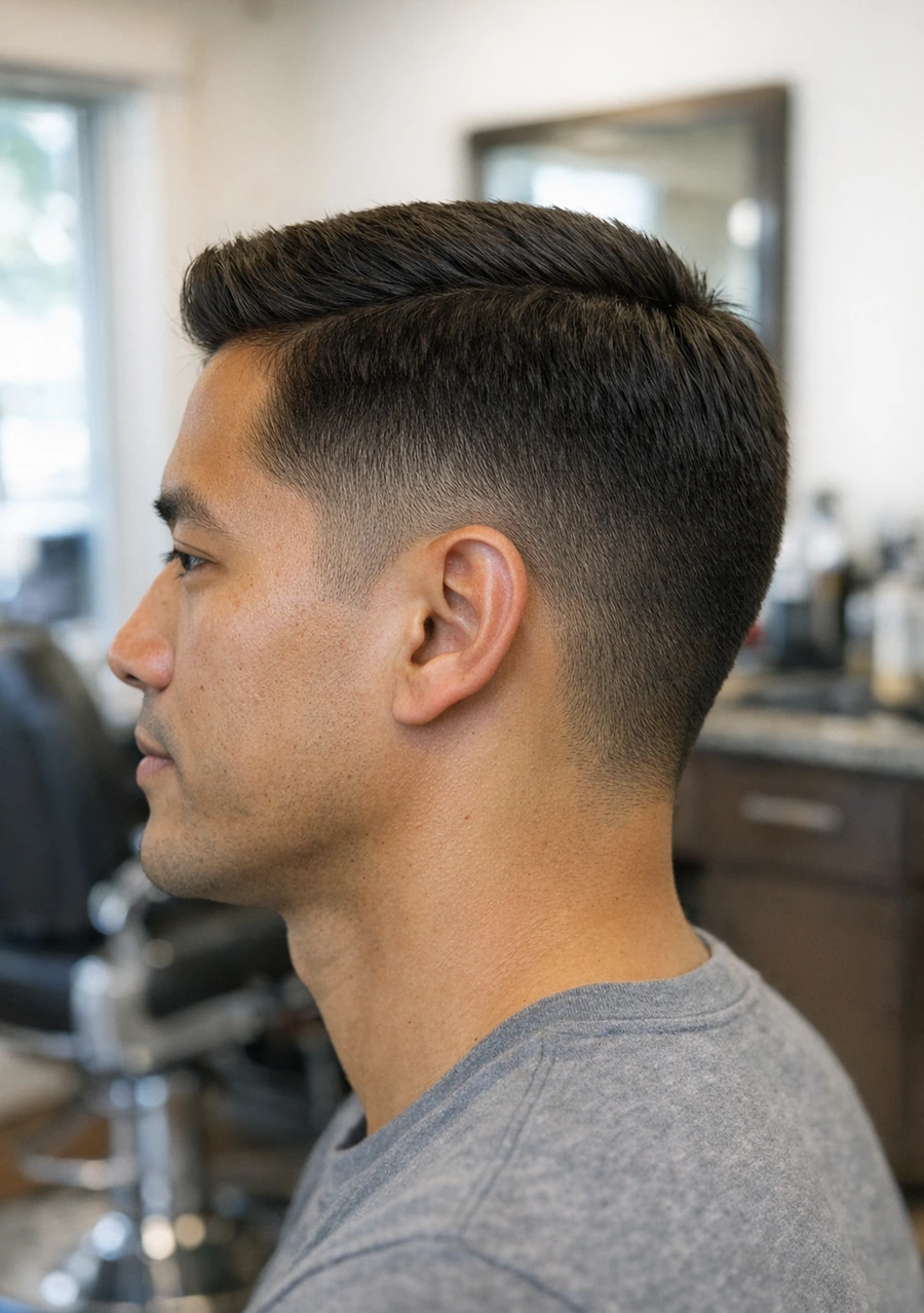 Ivy League side profile with soft taper and comb direction.