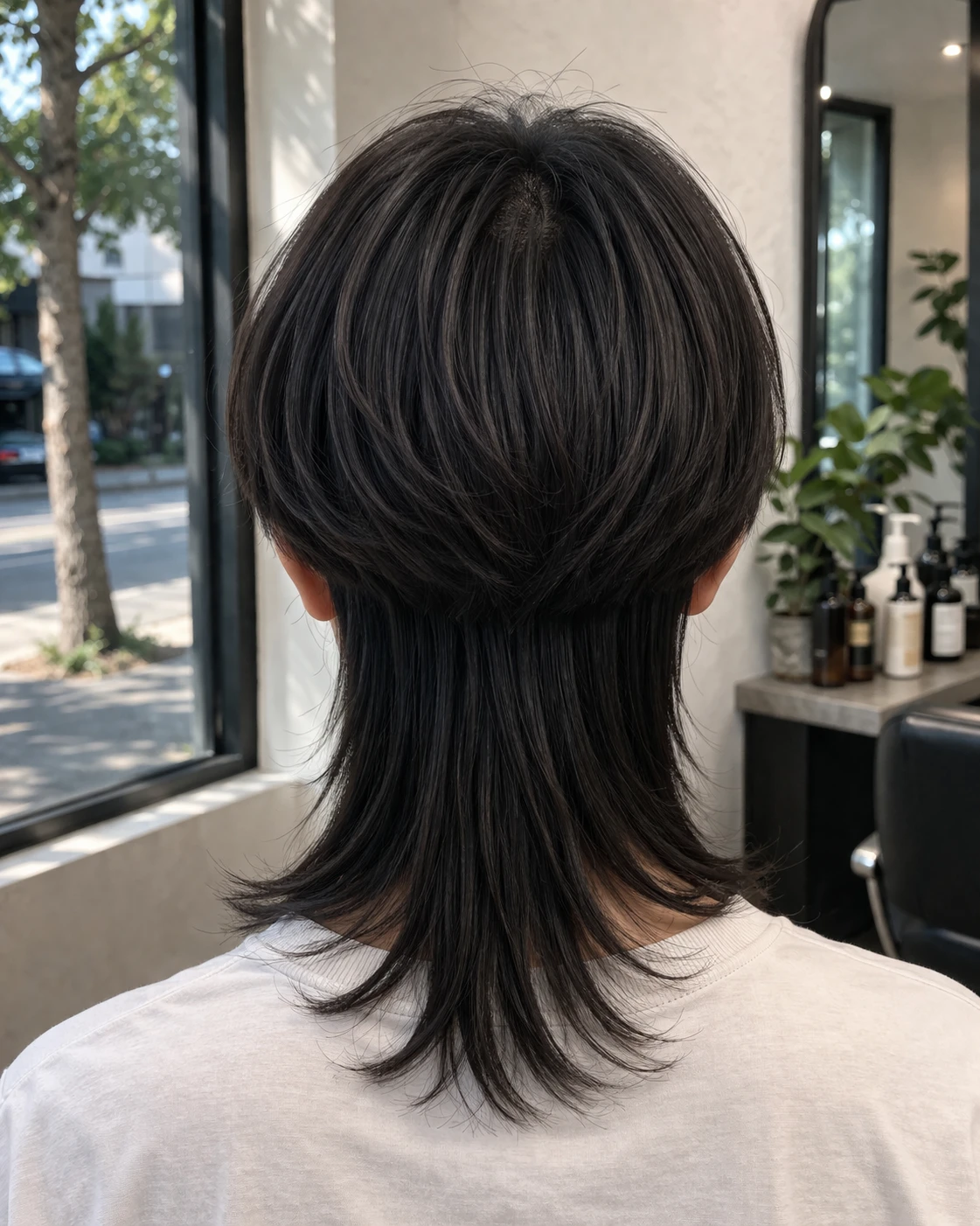 Jellyfish Cut haircut back profile with crown structure and neckline detail.