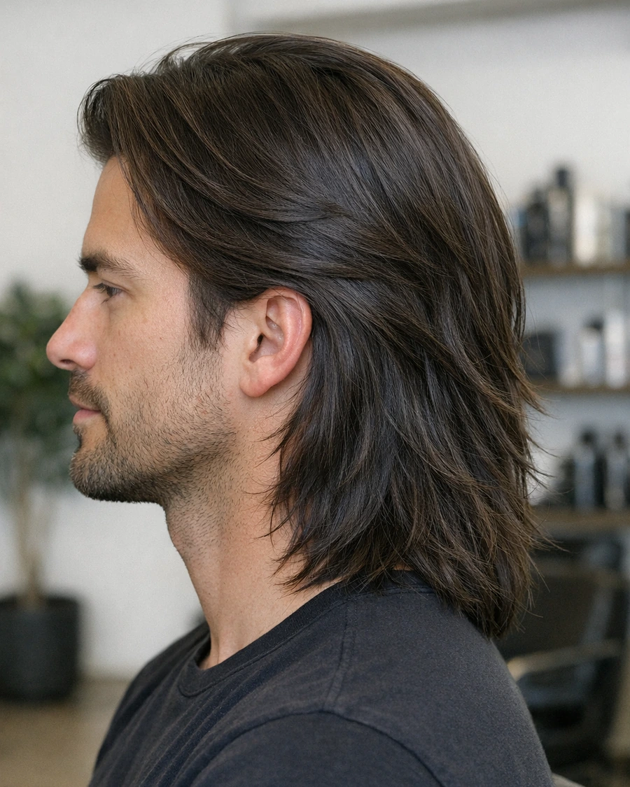 Long layers haircut side profile showing shape around cheekbones.