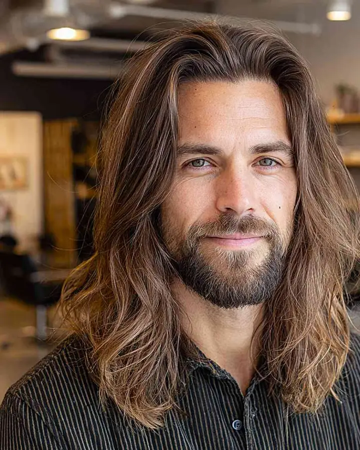 Long layers haircut side profile showing shape around cheekbones.