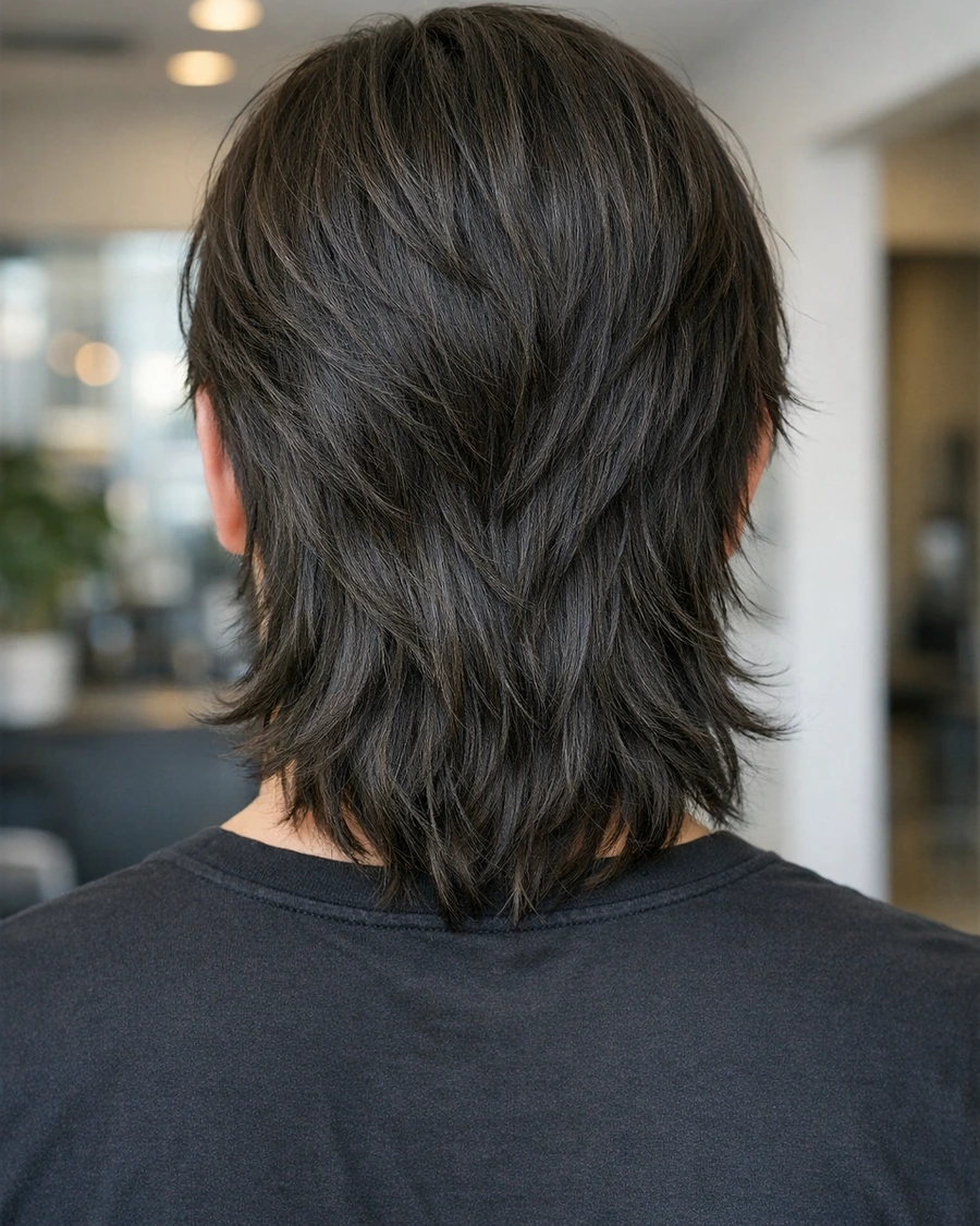 Long layers haircut back profile with stepped layer definition.