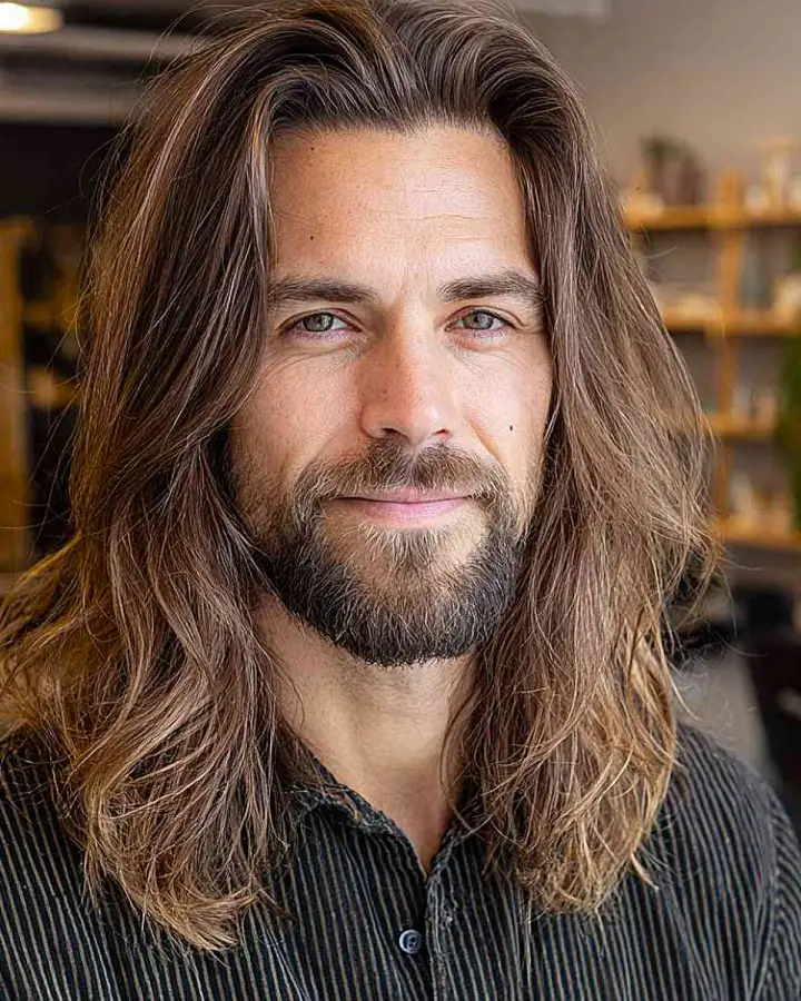 Long layers haircut back profile with stepped layer definition.