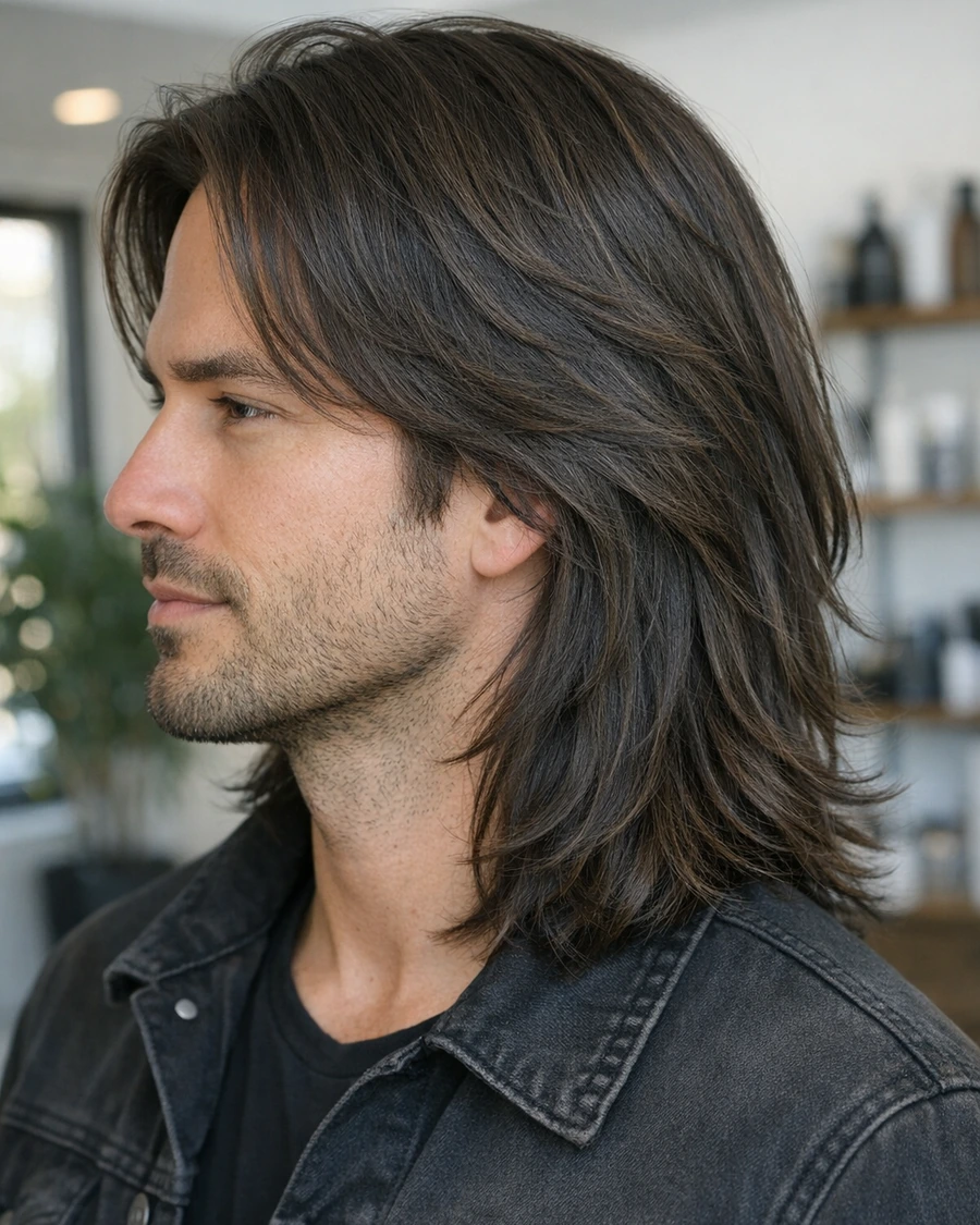 Long layers haircut three-quarter angle showing movement and volume.