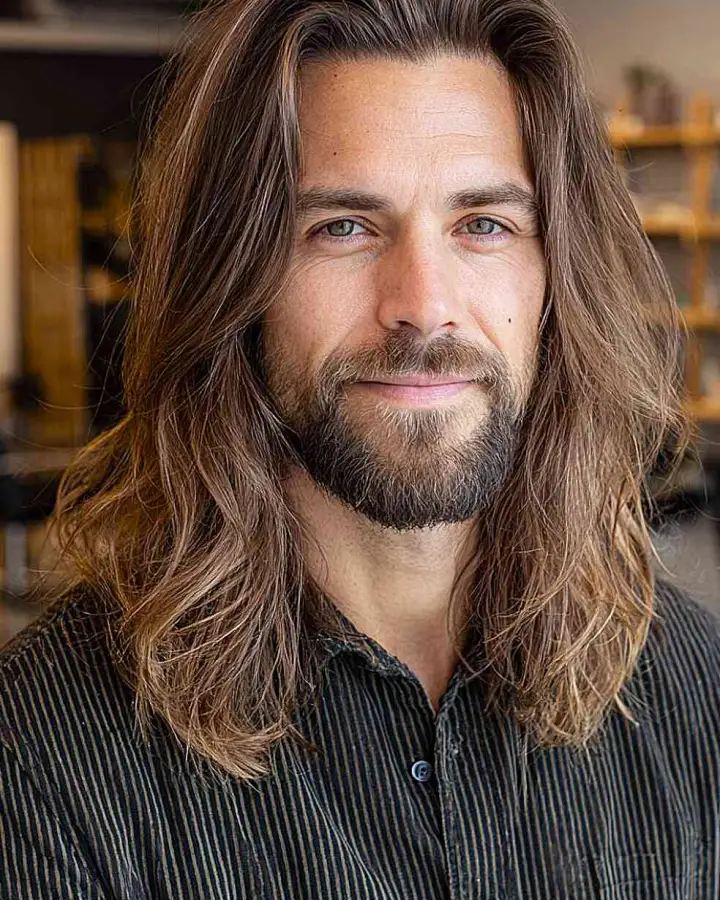 Long layers haircut three-quarter angle showing movement and volume.