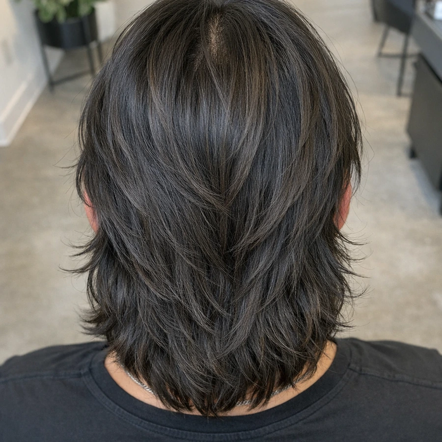 Long layers haircut top view with parting and crown distribution.