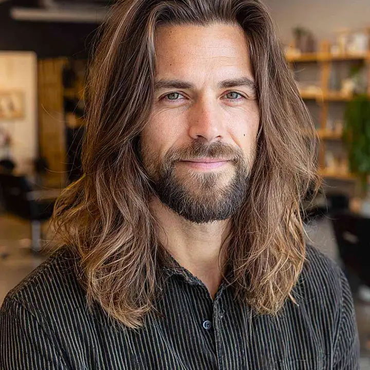 Long layers haircut top view with parting and crown distribution.