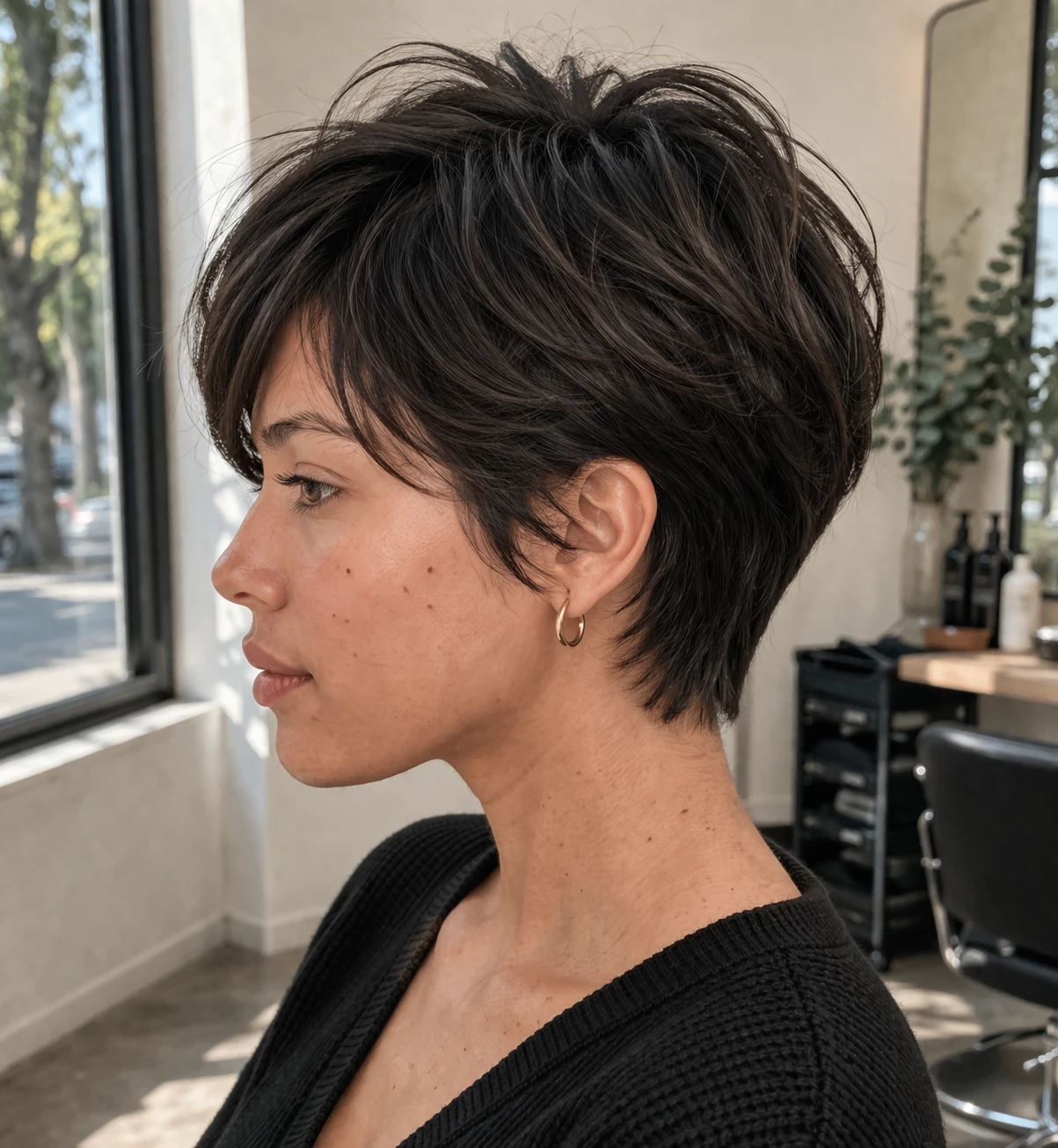 Long Pixie Cut haircut side profile showing shape, taper, and layer flow.