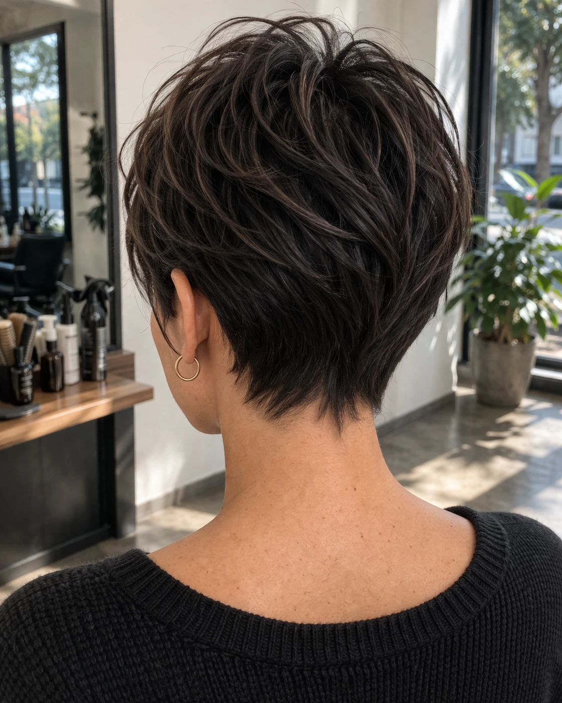 Long Pixie Cut haircut back profile with crown structure and neckline detail.