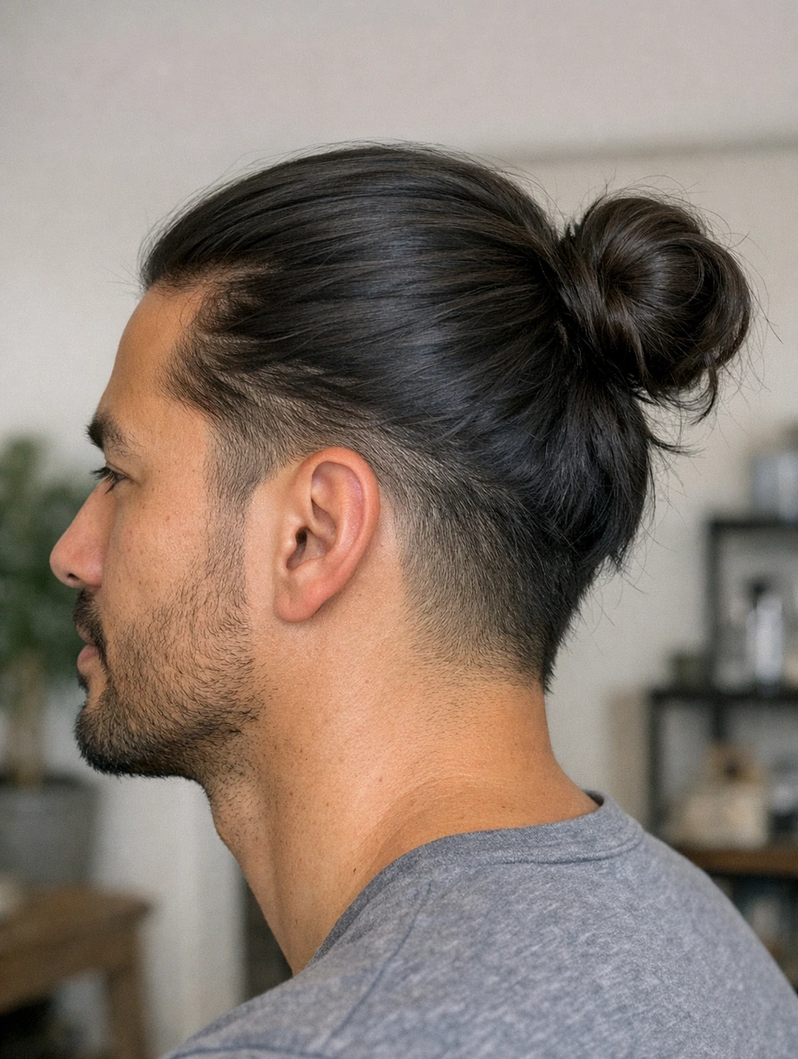 Man bun side profile showing bun placement and side silhouette.