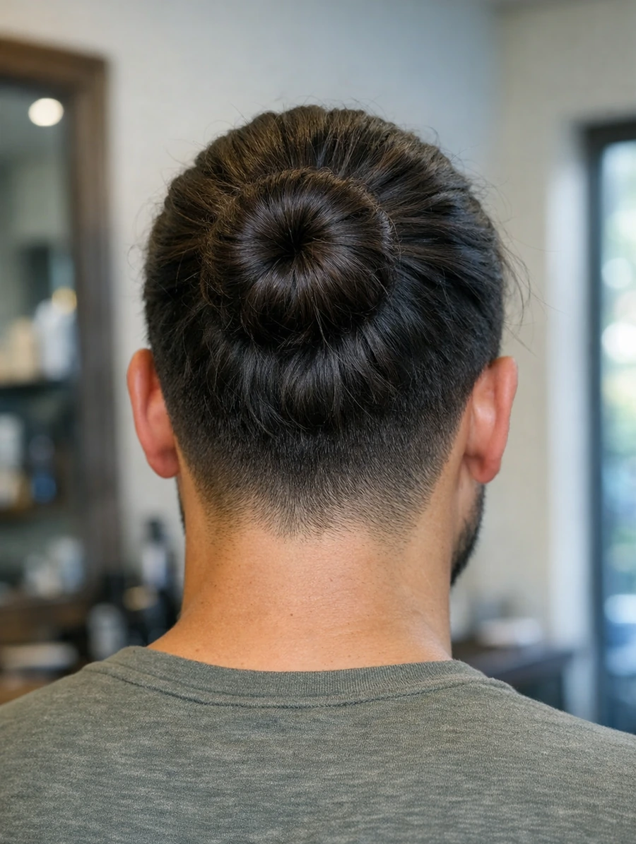 Man bun back profile with bun shape and gathered sections.